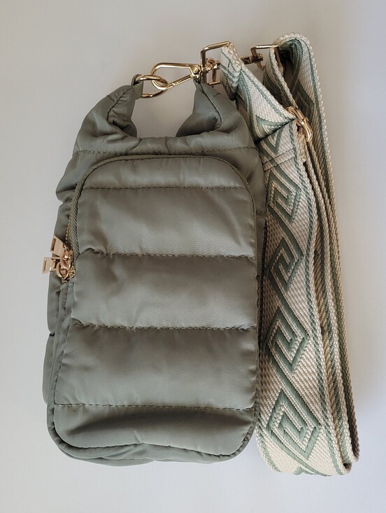 Wanderfull Handbags - Quilted Crossbody Bag, Patterned Strap - Sage Green